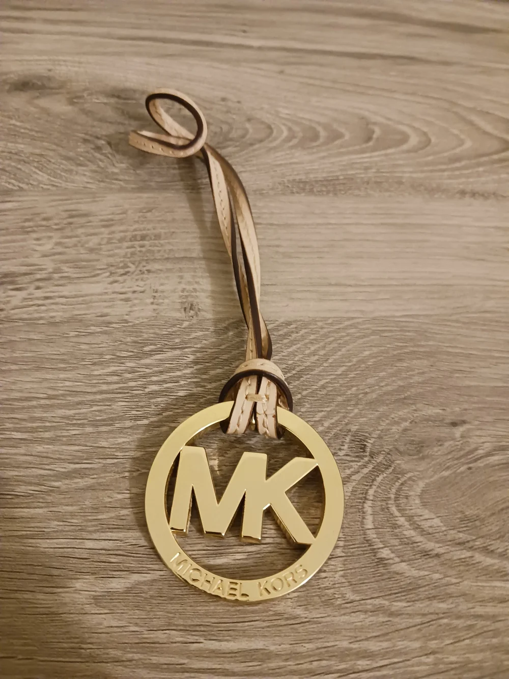 Michael Kors Gold and Beige MK Logo Leather Purse Charm 2